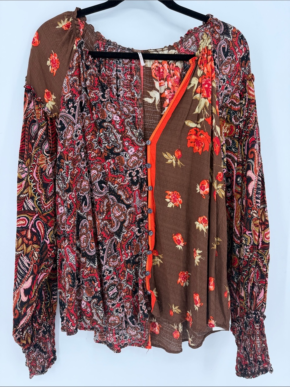 Free People Size Large Mixed Print Paisley Floral Boho Button Front Blouse